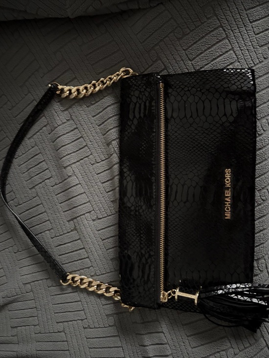 Michael Kors Handbags - Michael Kors Black Patent Snake-Embossed Shoulder Bag with Gold Hardware